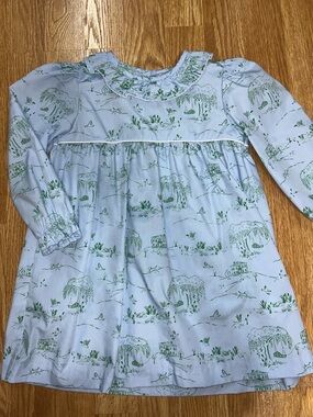 The Beaufort Bonnet Company Light Blue Long Sleeved Dress withGreen Scenic Print